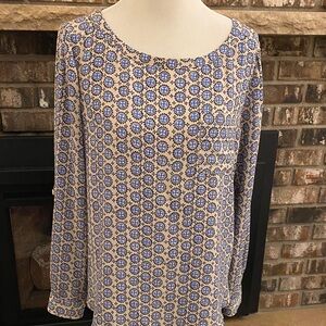 LOFT long sleeved blouse. Pretty blue medallion pattern on tan background.